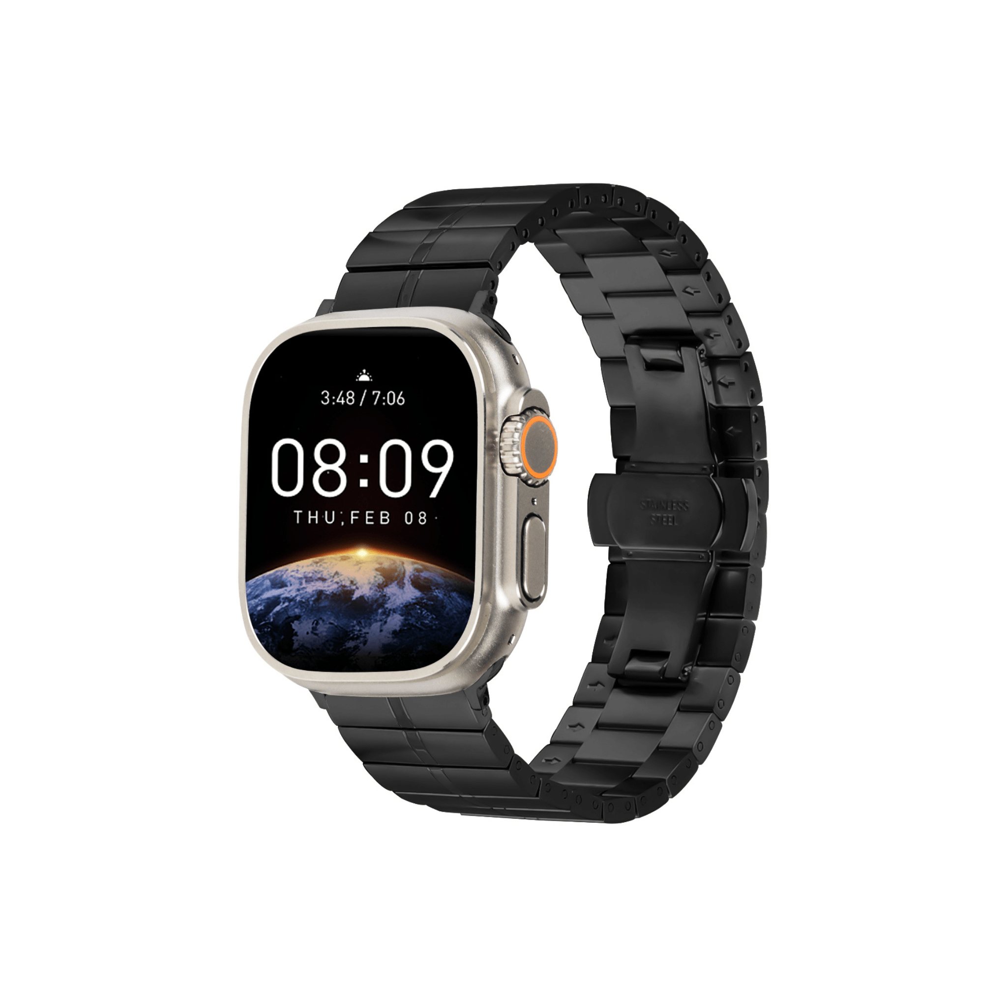 Elite Edelstahlarmband Schwarz für Apple Watch – exklusives, glänzendes Edelstahlarmband mit polierter Oberfläche und Butterfly-Schließe.